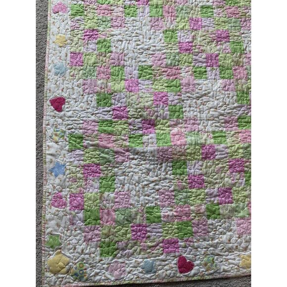 Handmade Patchwork Baby Quilt Pink & Green Floral /Star / Heart Reversible - Picture 9 of 16
